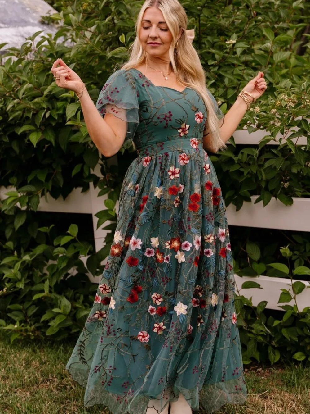 Ivy City Co Teal Green Embroidered Floral Midi Dress